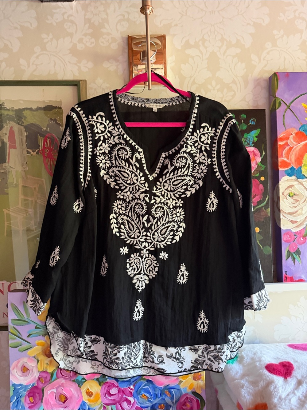 John Mark Black Tunic with White Embroidered Detail